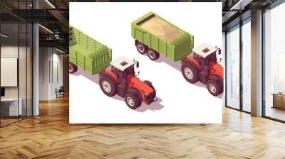 Set of isometric low poly tractors with straw trailers. Vector illustrator Wall mural