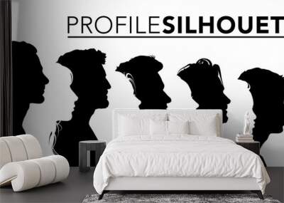 Set of silhouette. Black and white people on white background. Profile men and women heads. Vector illustration Wall mural