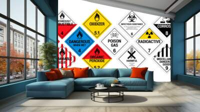 Vector hazardous material signs. Globally Harmonized System warning signs. All classes. Hazmat isolated placards Wall mural