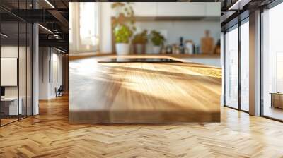 Loft apartment kitchen close-up, focusing on sleek wooden countertops in a modern Nordic setting, under natural light Wall mural