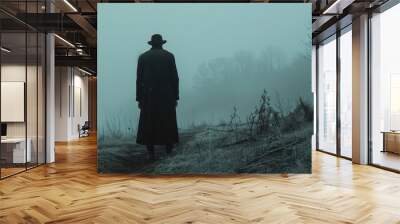 Menacing figure of a man in a black coat, standing on a foggy hillside, captured in close-up to intensify the horror narrative Wall mural