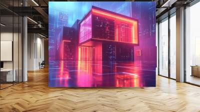 Metallic cube house with sharp angles and privacy-focused window design, floating in a digital holographic cityscape. Sci-fi, hologram effect, dark neon hues, 3D rendering Wall mural