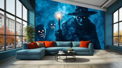 Mysterious magician with a glowing wand, Halloween masks swirling in mist, gothic fantasy art, isolated on white background Wall mural