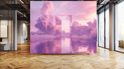 Mystical door opening to a serene landscape with clouds reflected in a tranquil lake, sky in pastel pink and purple tones Wall mural