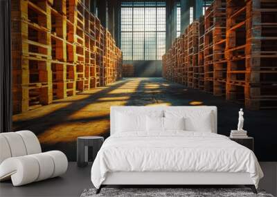 Neatly arranged pallets in a vast storage facility, representing seamless logistics and inventory management, dramatic shadows for depth Wall mural