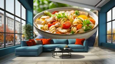 Nourishing bowl of chicken noodle soup with fresh vegetables and whole wheat noodles, made with low-sodium chicken broth, studio lighting, isolated background Wall mural