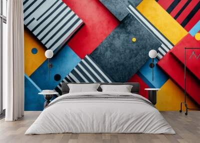 Overhead shot of bold geometric shapes, vibrant colors, dynamic patterns, sharp angles, abstract composition, modern art concept, high contrast lighting Wall mural