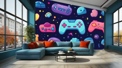 Cute Gaming Controllers and Gadgets Seamless Pattern Wall mural