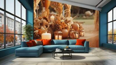 Fall Harvest Table With Pumpkins Candles And Lanterns Decor Wall mural