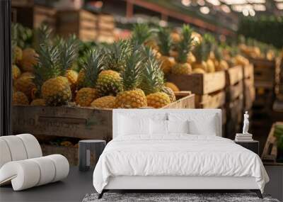 Pineapples packed in wooden crates, ready for shipment at a bustling tropical market Wall mural