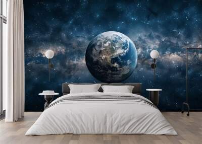 Planet Earth with intricate cloud cover, set against a deep space backdrop, raw and cinematic, highlighting the planet's fragility Wall mural