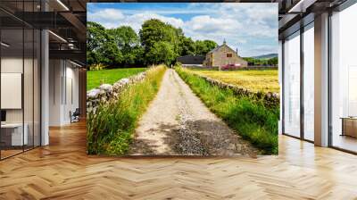 Quaint stone farmhouse along a picturesque gravel road framed by lush greenery and pastures under a bright sky. Wall mural