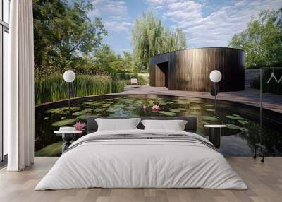 Reflective stainless steel tank partially hidden by tall reeds and cattails, surrounded by a tranquil pond with floating lily pads and blooming water lilies Wall mural