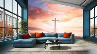 Religious concept: Silhouette cross and birds flying on  sunrise background Wall mural