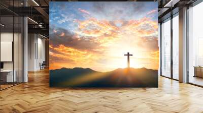 Religious day concept: Silhouette cross on  mountain sunset background Wall mural