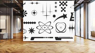 Retro futuristic elements for design. Collection of abstract graphic geometric symbols and shapes in y2k style. Templates for posters, banners, stickers, business cards Wall mural