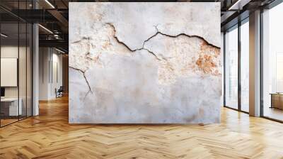 Rough textures on a worn-out wall, blending cracks, chipped paint, and rust-streaks in various shades of gray and brown, top view Wall mural