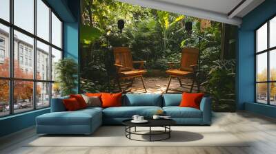 Rustic outdoor podcast setup, two wooden chairs facing each other, wireless microphones, surrounded by lush greenery and soft natural light Wall mural