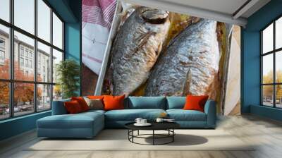 Serving Baked Fish, Food of Bocca di Magra Italy Wall mural