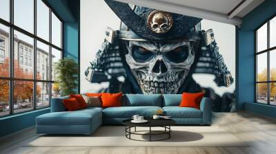 Skeletal samurai, donning a demonic Halloween mask, intense expression, detailed textures and ancient armor, eerie atmosphere, isolated on white background Wall mural