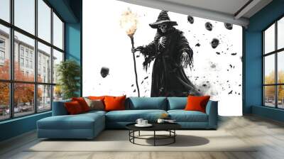 Skeletal sorcerer casting a spell, glowing staff in hand, Halloween masks floating around, 3D illustration, isolated on white background Wall mural