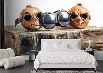 Spooky book with goggles resting on top, adorned with Halloween masks, vintage horror illustration, isolated on white background Wall mural