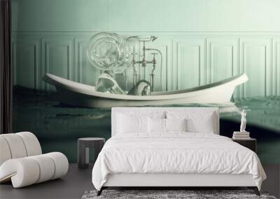 Steamy Blue Stone Bathroom Flooded With Iron Bath and Water Nymph Spirit 3d illustration 3d render Wall mural