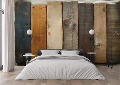 Swatches of rustic wood with deep, weathered grooves and natural imperfections, displayed on a canvas drop cloth Wall mural