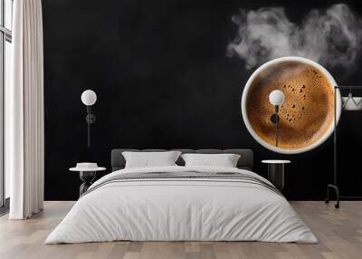 Top view of a coffee cup with steam rising, black background, empty space for text, dramatic lighting to create contrast. Wall mural