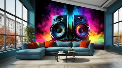 Two loudspeakers with colorful background. Made with Generative AI. Wall mural