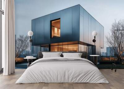 Unique cube house design with metallic cladding, asymmetric window layout for privacy and light control, sleek, modern architecture, city backdrop Wall mural