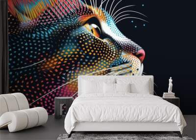 Vibrant cat illustration in pixel art style, multicolor abstract design, bright and dynamic, intricate details, visually captivating Wall mural