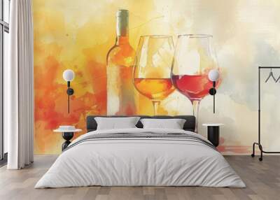 Watercolor wine glass and bottle Wall mural