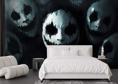 Wicked grin emerging from shadows, framed by Halloween masks, high contrast, surreal art style, isolated on white background Wall mural