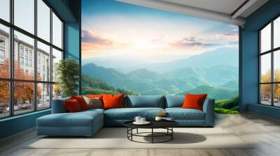 World Environment Day concept: Green mountains and beautiful sky clouds under the blue sky Wall mural