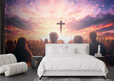 Worship concept:  christian people hand in hand over  cross on spiritual sky background Wall mural