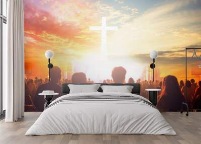 Worship concept:Silhouette people looking for the cross on  sunrise background Wall mural