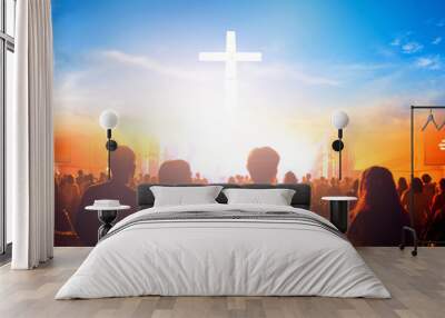 Worship concept:Silhouette people looking for the cross on  sunrise background Wall mural