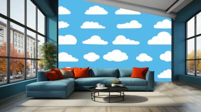 White icon clouds set cartoon illustrations,  on blue background Wall mural