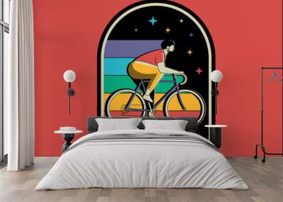 Bicycle riding badge or label or logo design template with a cyclist cyclist rides a bike on starry night background. Vector illustration Wall mural