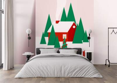 Christmas poster or card design template with red house surrounded by fir trees and decorated christmas tree. Minimalistic vector illustration Wall mural