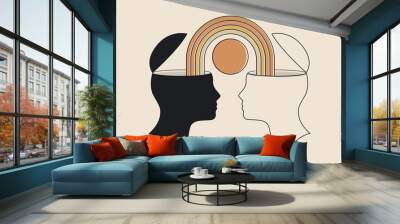 Conceptual illustration of relationships or empathy or positive emotional sharing with two heads and a rainbow between them isolated on light background. Vector illustration Wall mural