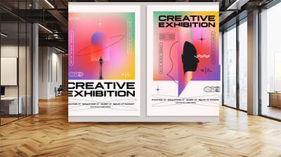 Creative exhibition flyer or poster concepts with abstract geometric shapes and human silhouettes on bright gradient background. Vector illustration Wall mural