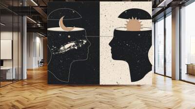 Day and night relationships concept with human heads silhouettes with sun and moon and double exposure effect. Vintage styled vector illustration Wall mural