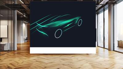 Futuristic electric car silhouette in motion on dark background. EV concept. Green eco transportation concept. Vector illustration Wall mural