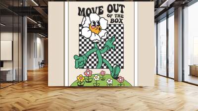 Groove retro styled motivation poster or t-shirt design template with funny flower character moving out of the box on light background. Vector illustration Wall mural