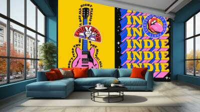 Live indie music show or rock music concert or party poster set with electric guitar and devil horn hand gesture and bright colored typography composition. Vector illustration Wall mural