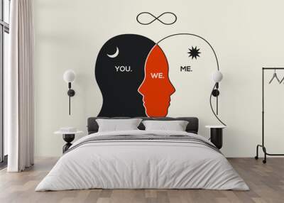 Relationships psychology concept abstract illustration with couple human heads silhouettes isolated on white background. Vector illustration Wall mural