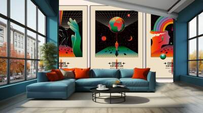 Retro abstract space with human silhouette in space poster or cards set for book cover or music album cover. Abstract cosmos. Vector illustration Wall mural