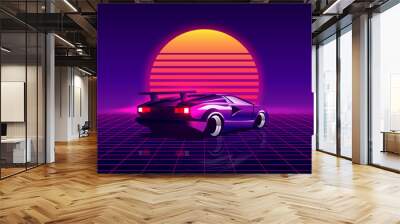 Retro futuristic back side view 80s supercar on trendy synthwave / vaporwave / cyberpunk sunset background. Back to 80's concept. Template design for poster, flyer or banner. Vector illustration. Wall mural